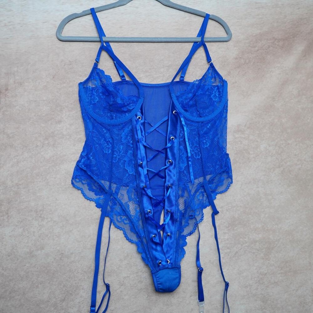 Blue Lace Corset Bodysuit Garter Straps Small